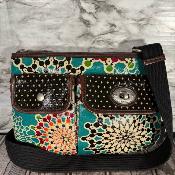 Fossil Key Per Kaleidoscope Crossbody Bag Coated Canvas Geometric Boho Purse - Picture 2 of 8